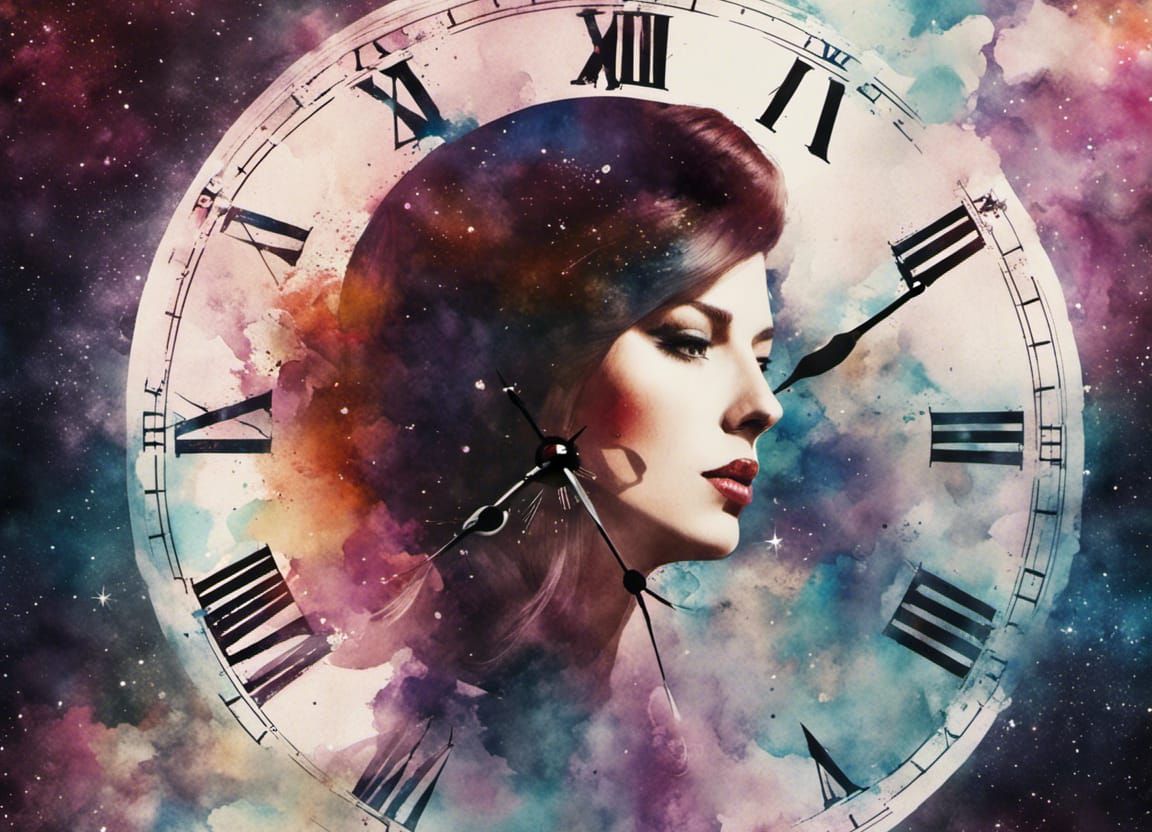 Space Woman Double Exposure Watercolor Art