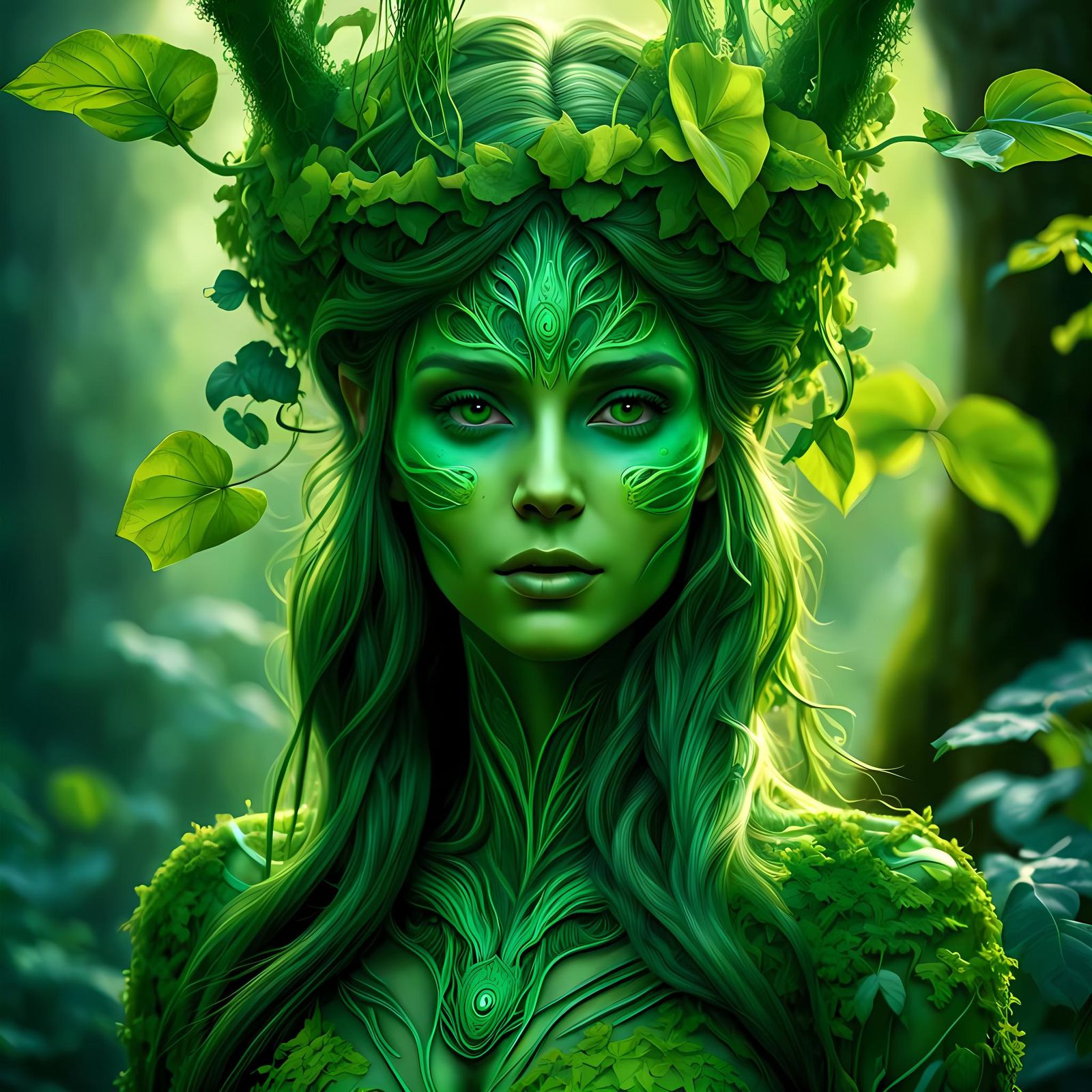 Psychedelic Dryad Portrait in Biomorphic Style