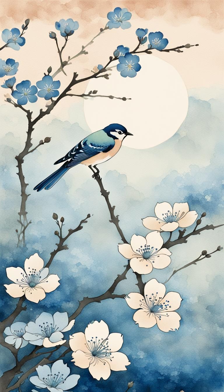 Bird Among Blue Flowers in Ukiyo-e Style