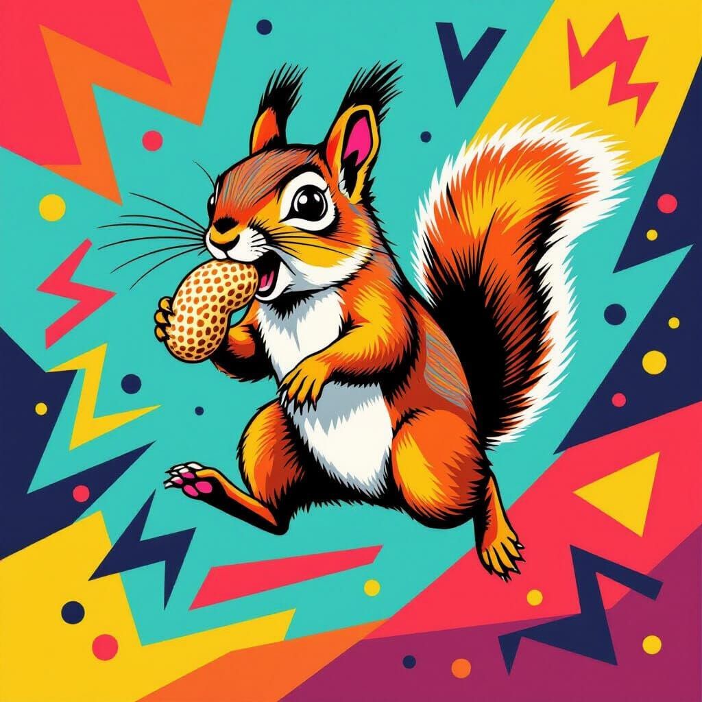 Squirrel in Memphis Style with Geometric Shapes