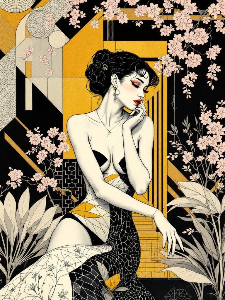 Abstract Pin-Up in Art Nouveau Style with Cherry Blossoms