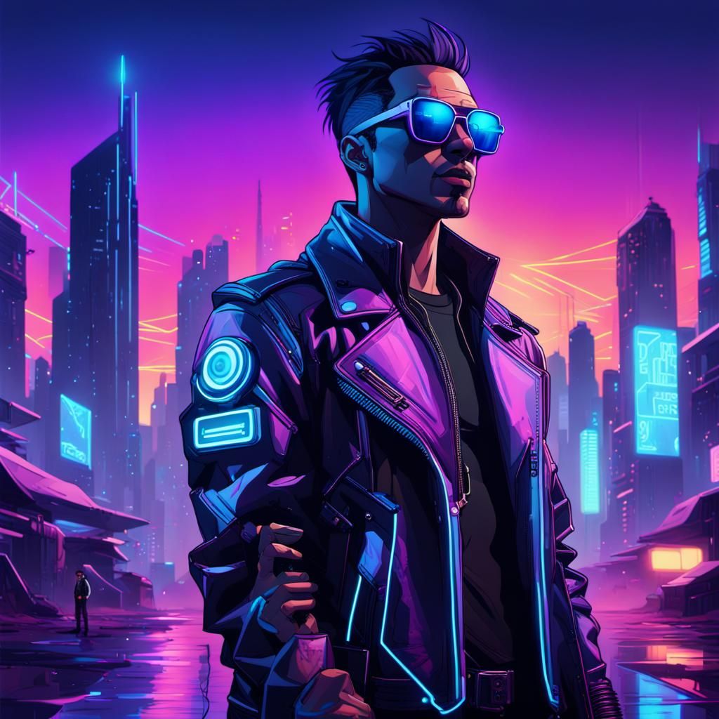 Cyberpunk Musician's Neon Farewell in Dystopian Cityscape