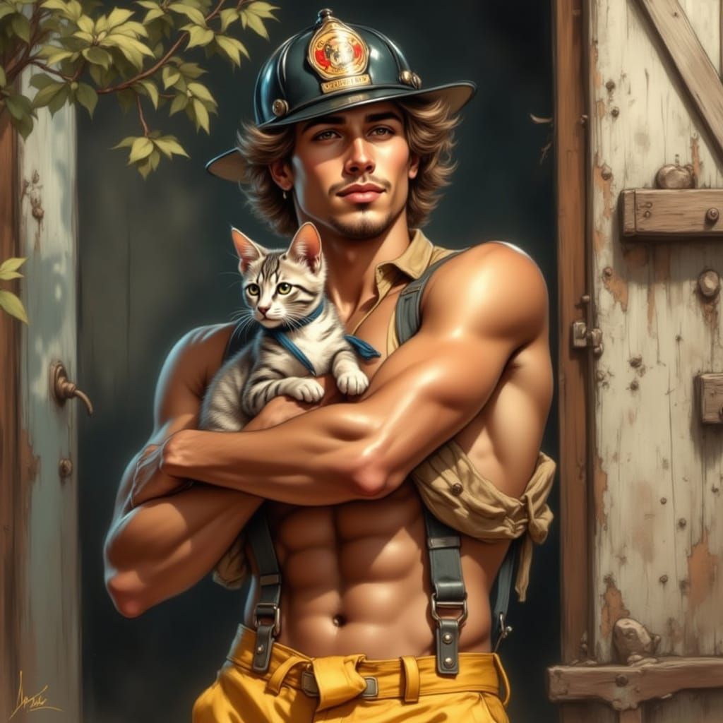 Latino Fireman Pin-Up with Kitten in Classic Style