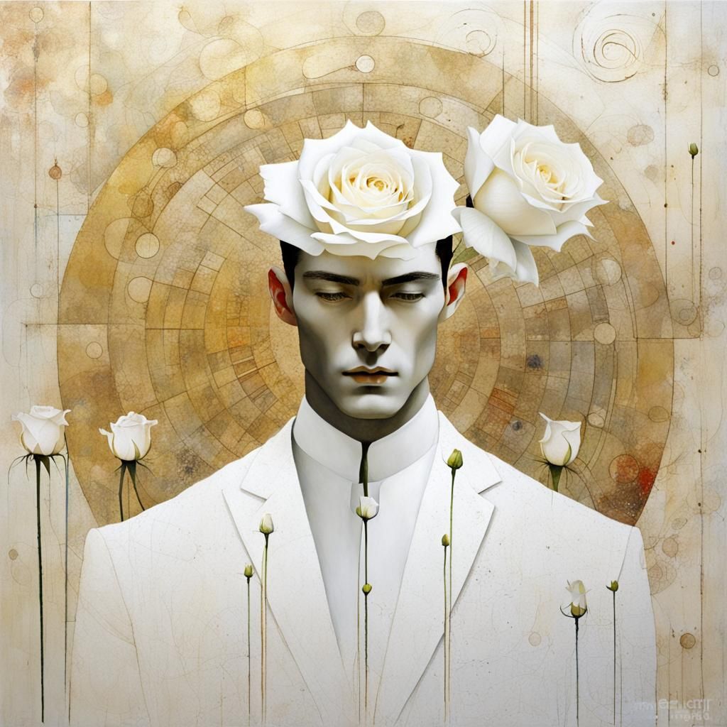 Celestial Man with White Rose: Minimalist Surrealism