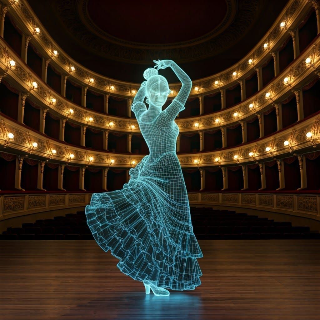 Wireframe Hologram of Flamenco Dancer in Old Theatre