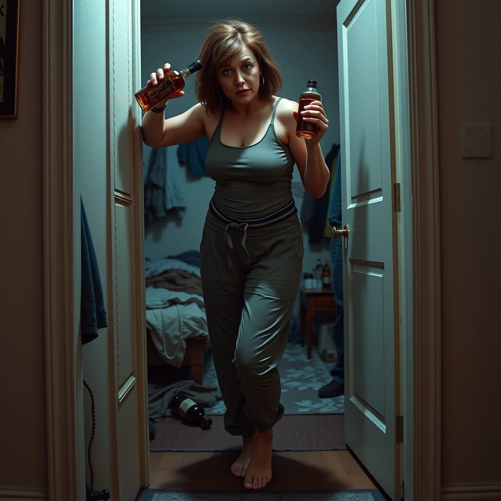 Disheveled Woman Stumbles in Doorway, Whiskey in Hand