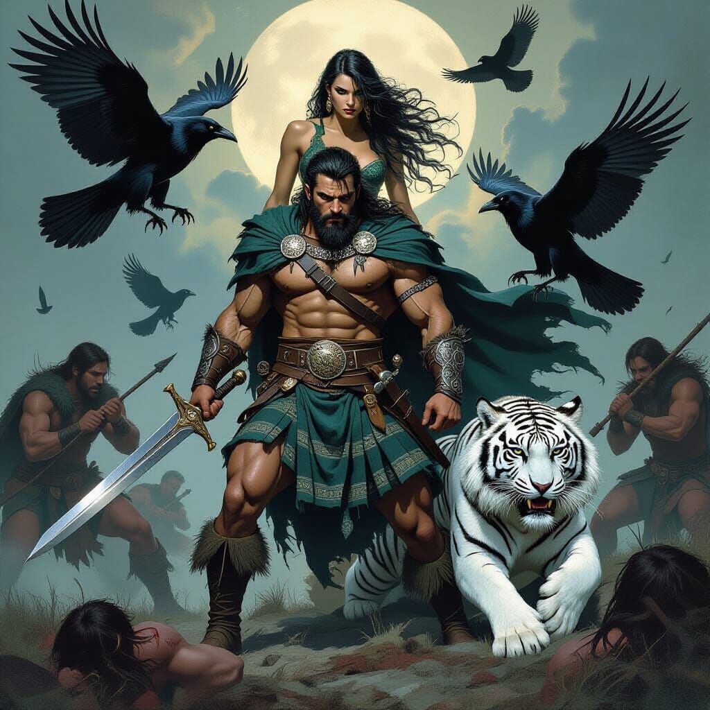 Celtic Warrior, Morrigan, and Tiger in Dark Mystical Style