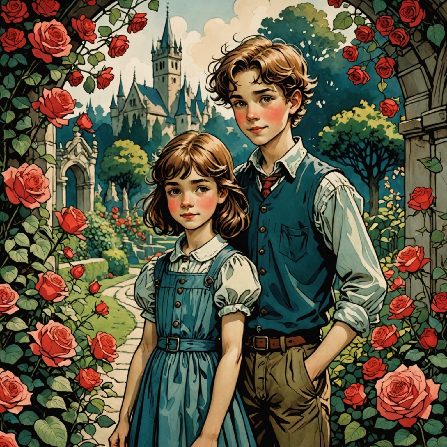Cheerful Boy and Girl in Rose Garden