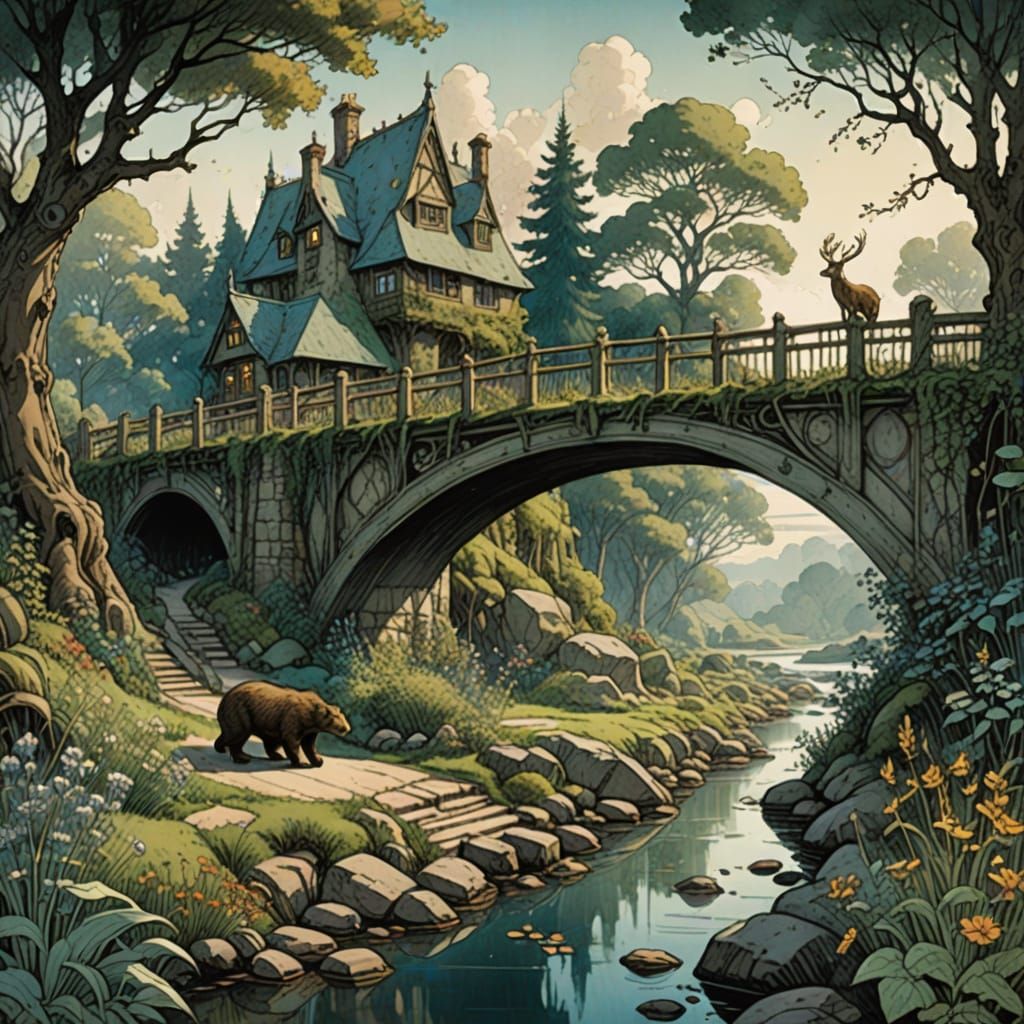 Whimsical Bridge Over a Serene River Landscape in Earthy Ton...