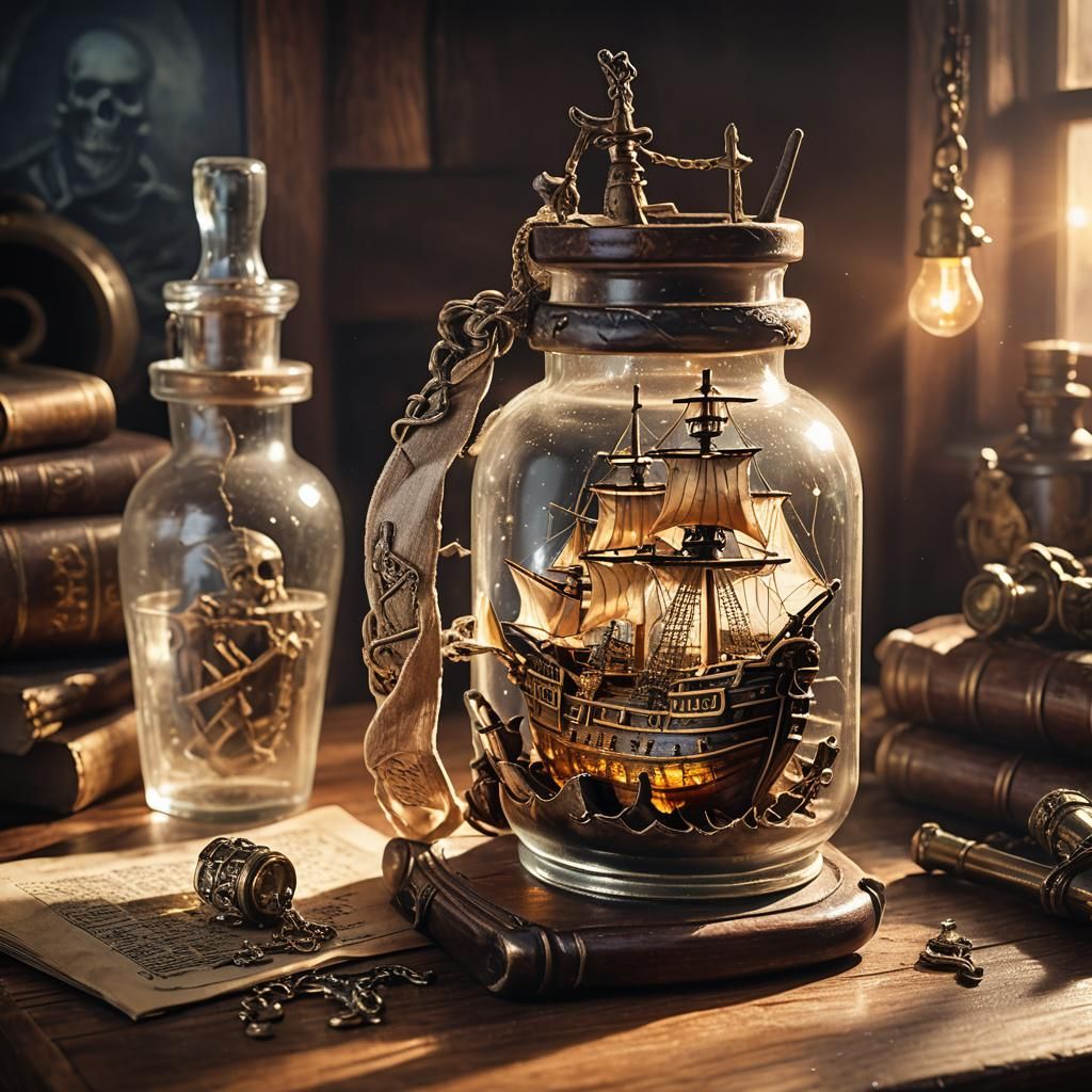Pirate Ship in a Bottle Still Life