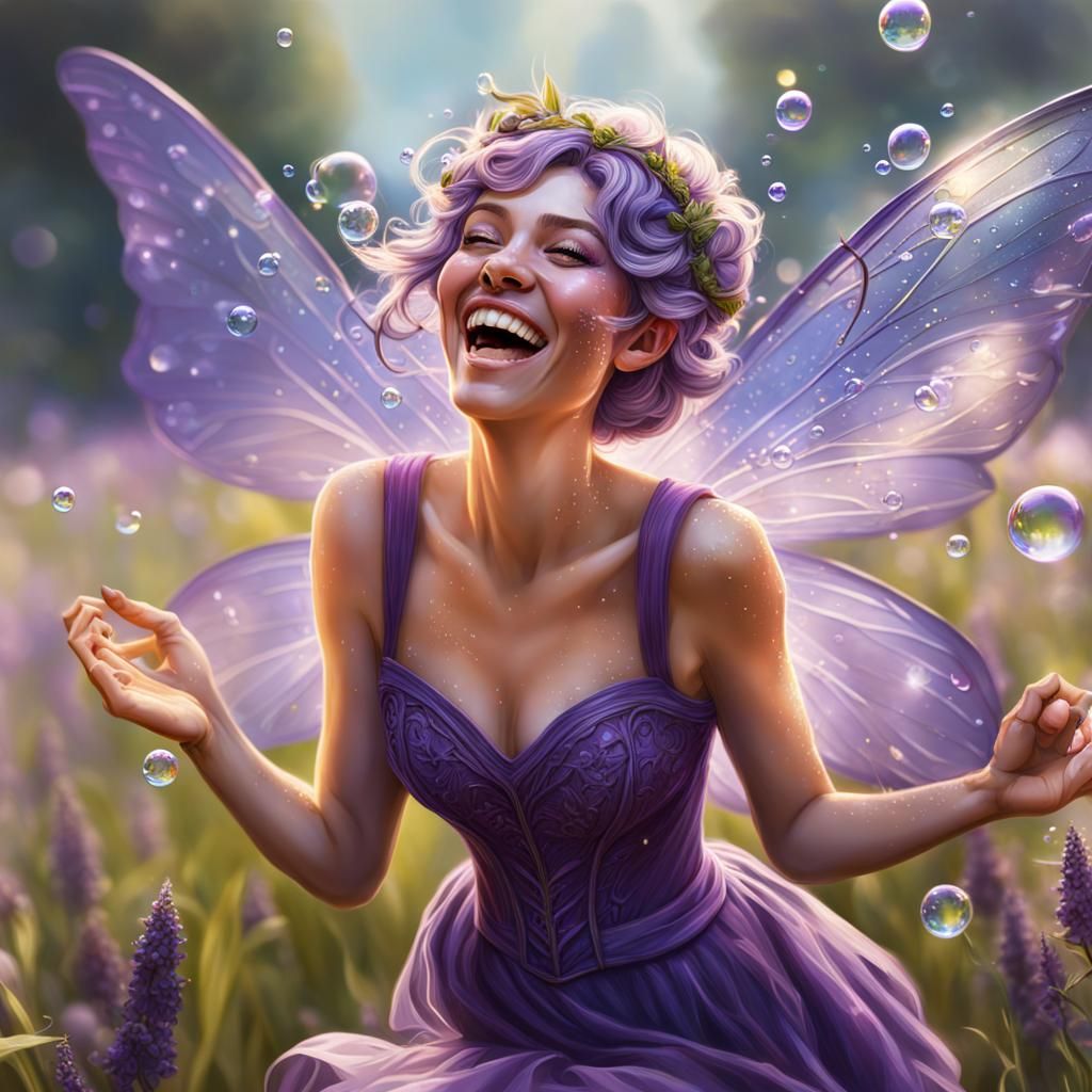 Laughing Violet Fairy in a Colorful Meadow