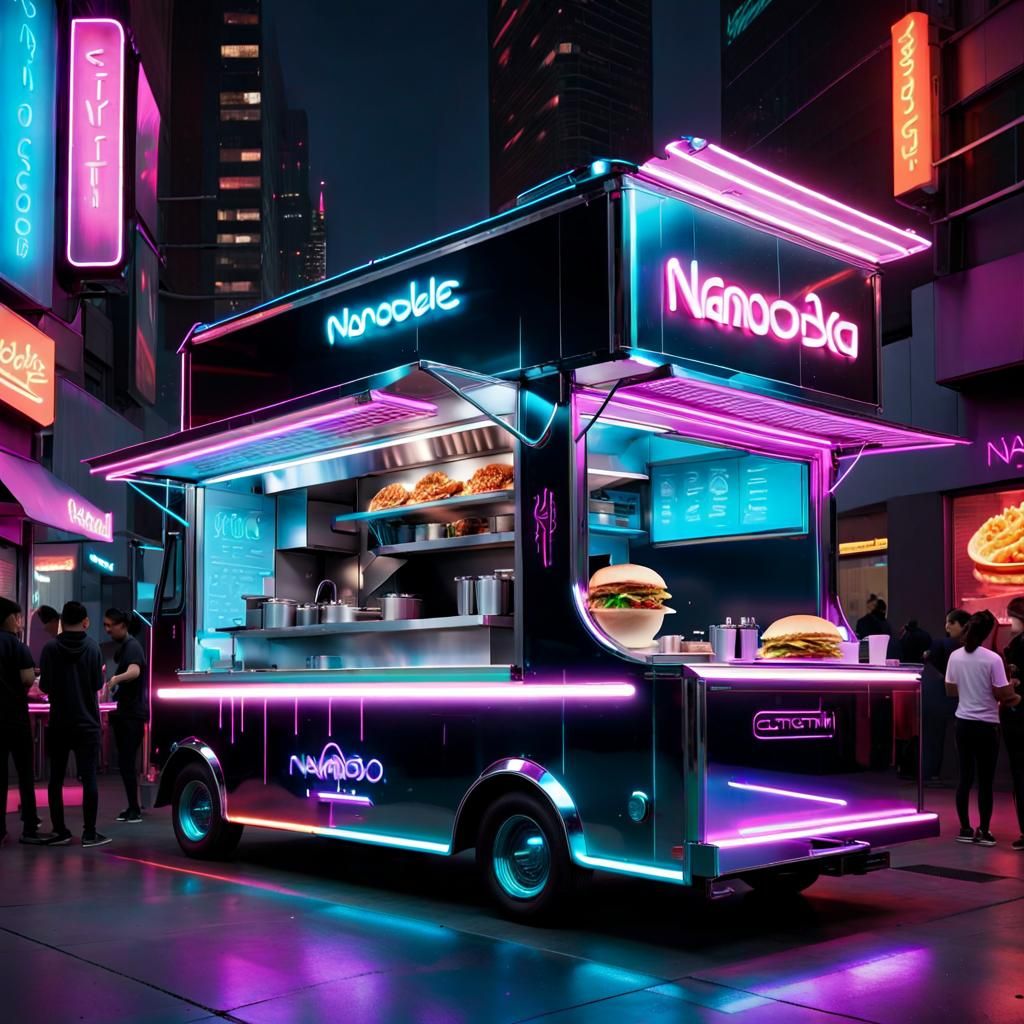Futuristic Neon Food Truck in Cyberpunk Cityscape