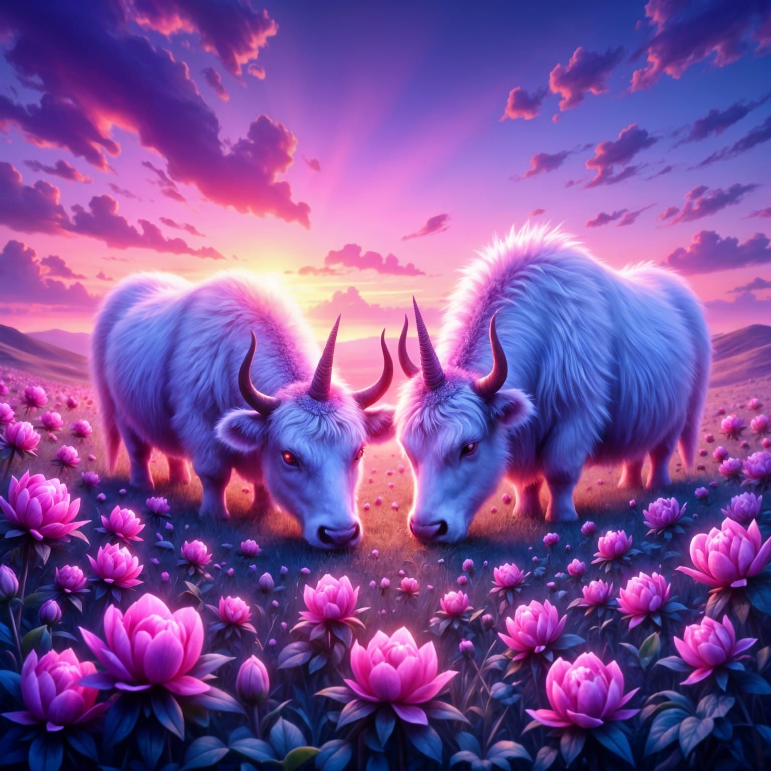 Fluffy Unicorn Cows in Synthwave Peony Landscape
