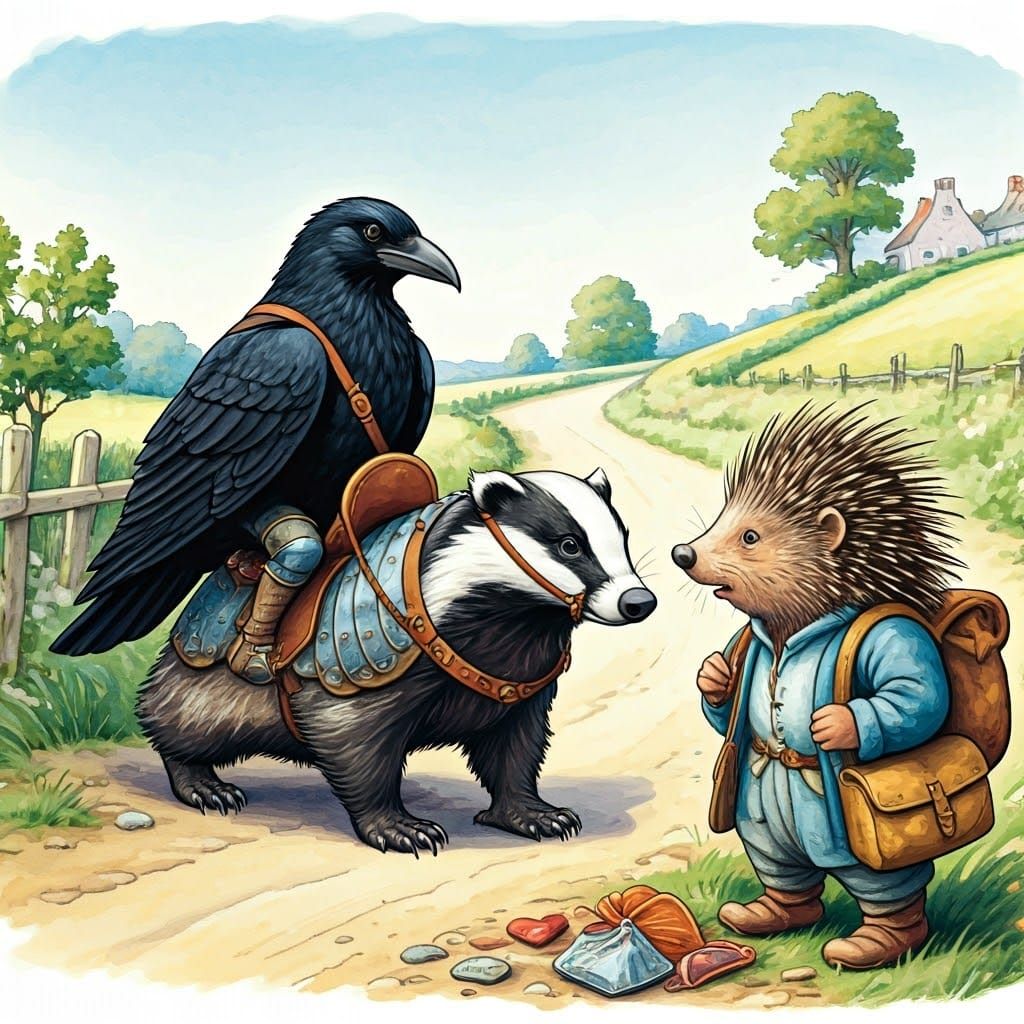 Crow and Badger on Country Lane, Watercolor Painting