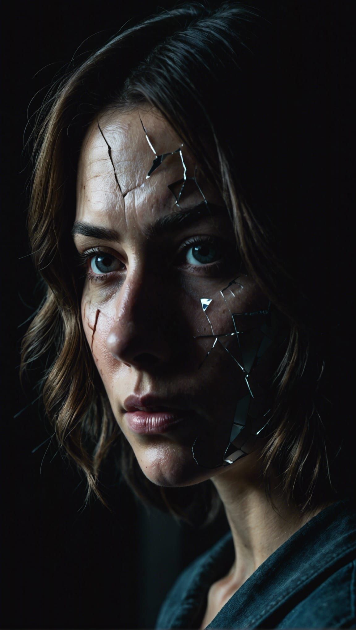 Chiaroscuro Portrait in Shattered Mirror