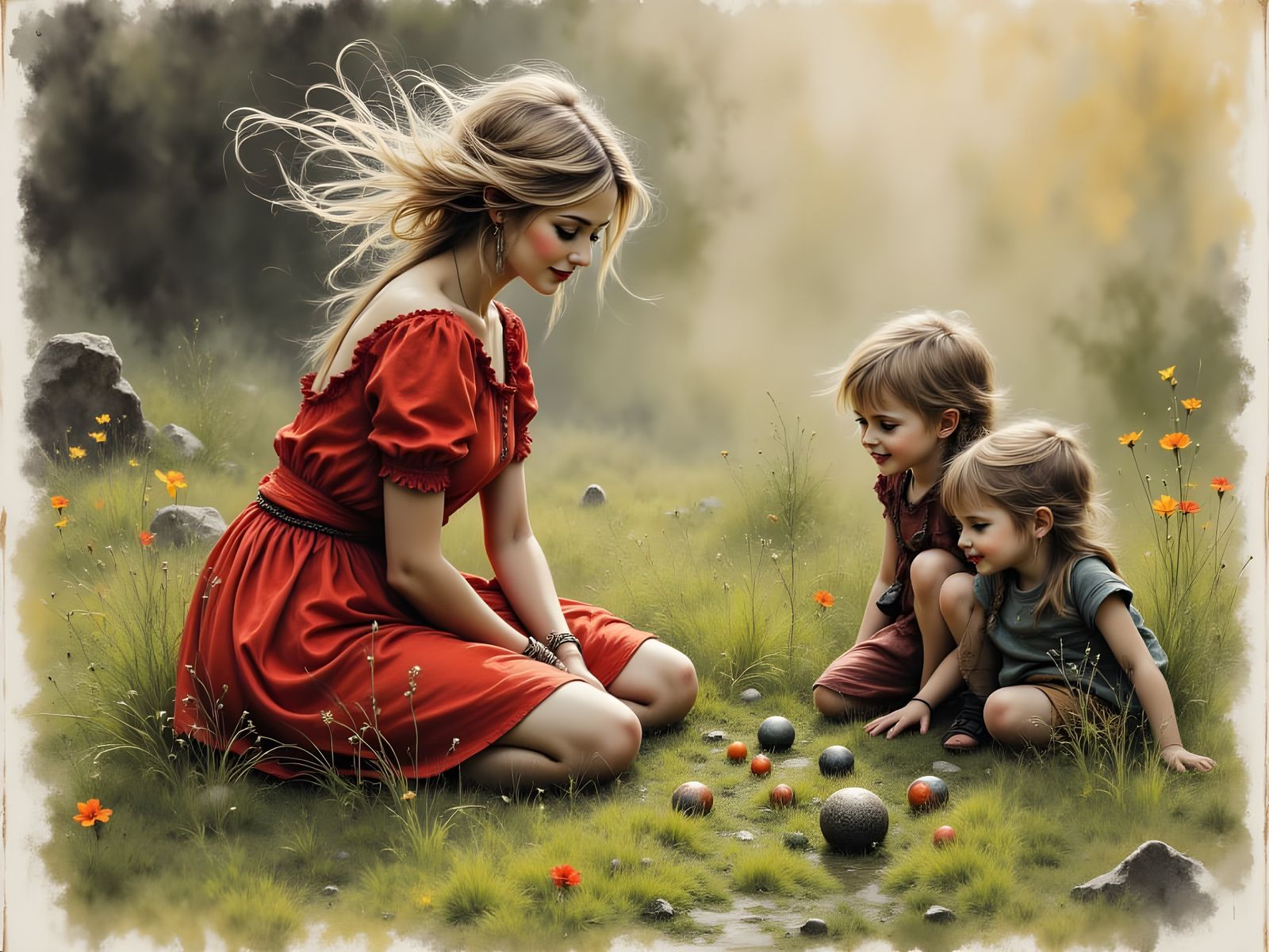 Norse Goddess Plays Marbles in Charcoal Sketch Style