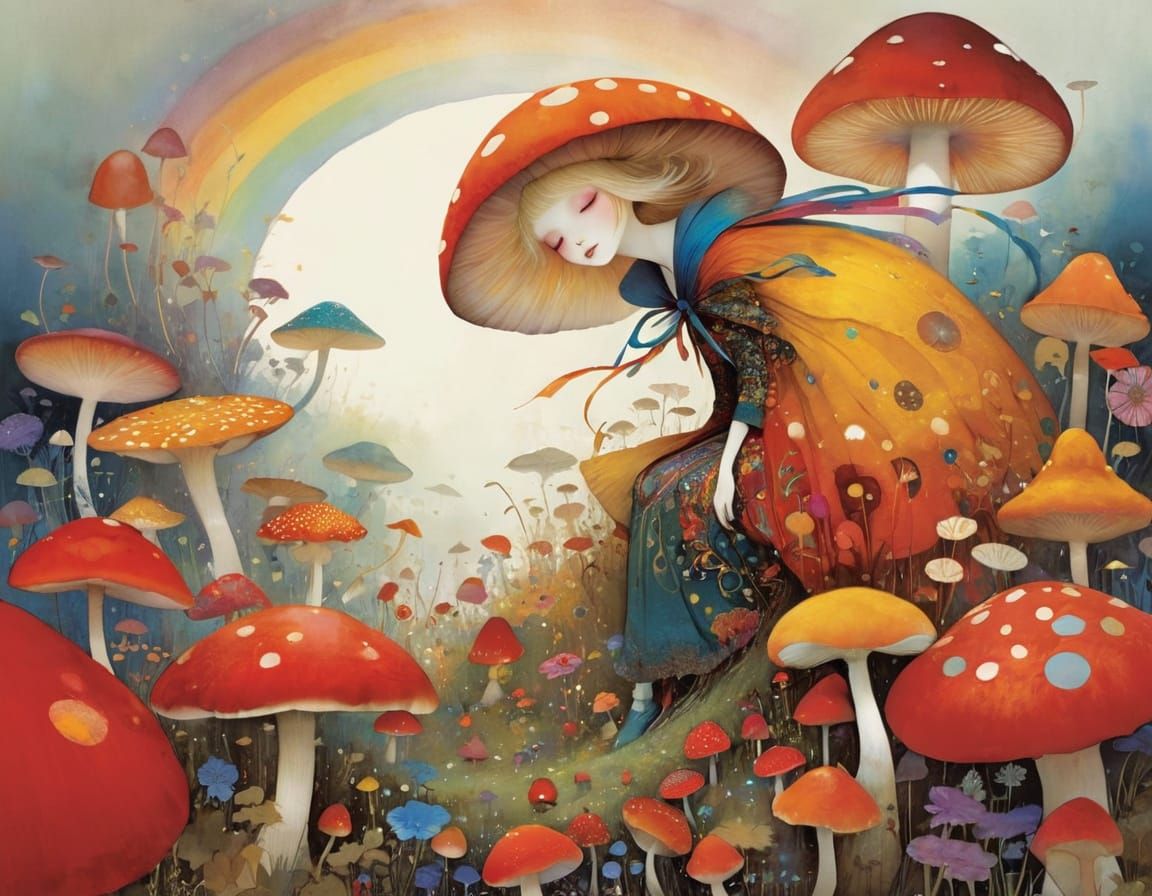 Rainbow Bug Creature in Mushroom Field