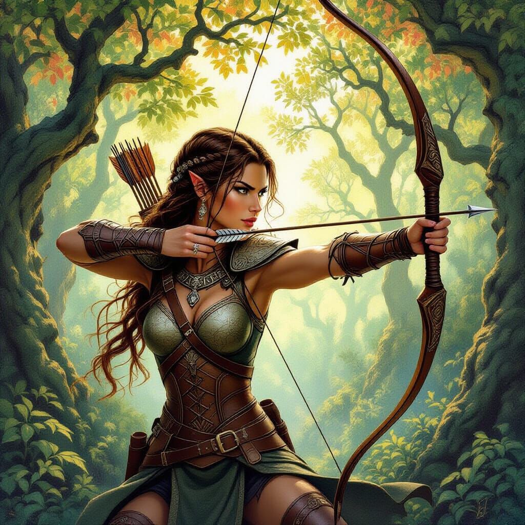 Archer Woman in Cosmic Forest, Gouache Painting Style