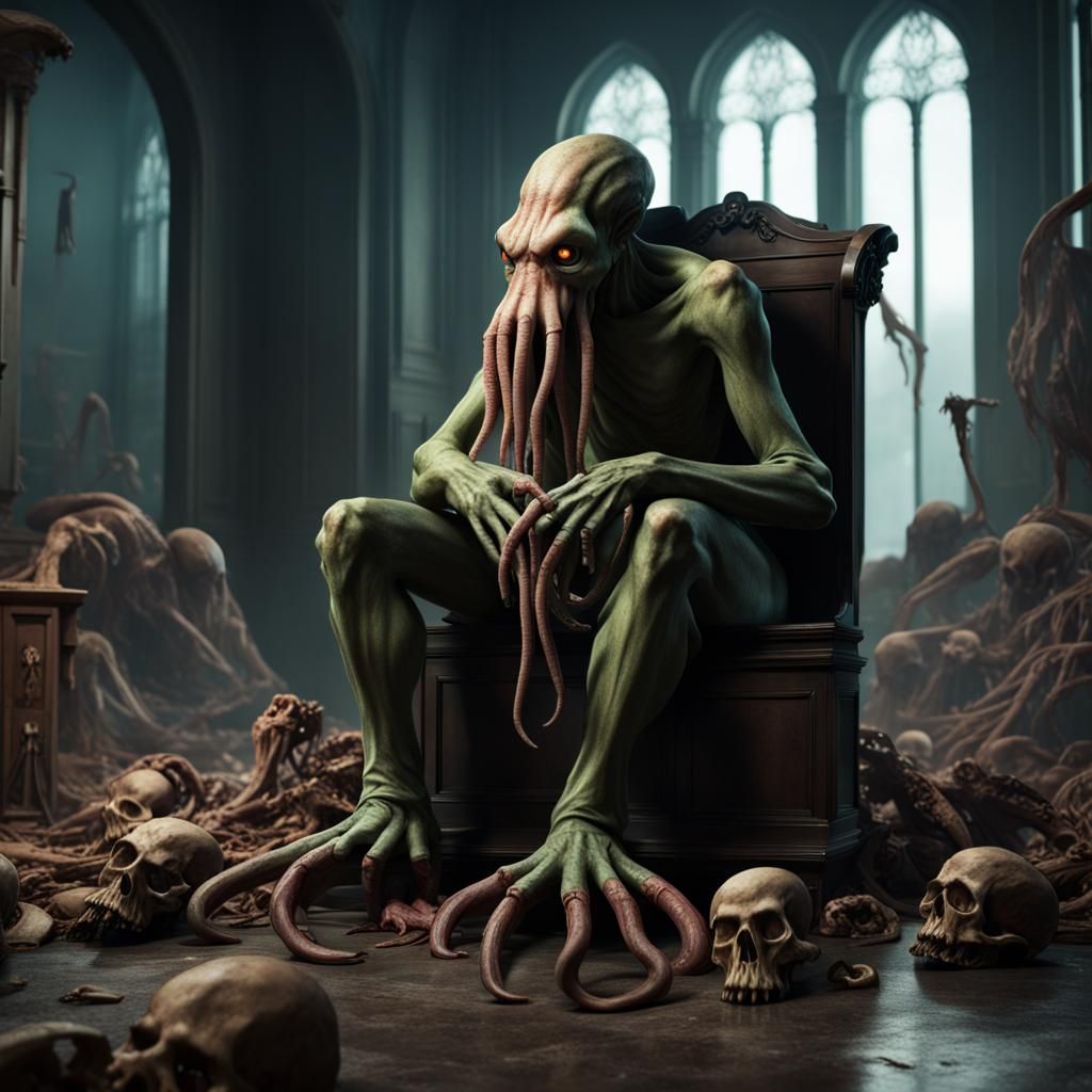 Bored Cthulhu as Matte Painting in Thinker Pose