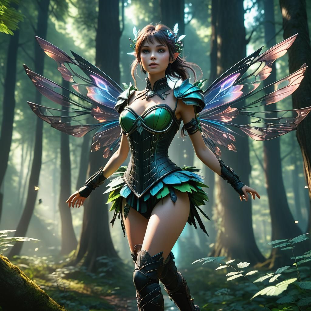 Futuristic Fairy Soaring Through Forest: 3D Render
