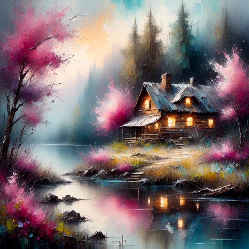 Watercolor Cabin by Lake in Spring Landscape