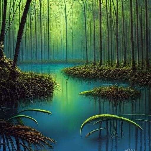 Swamp in Neo-Impressionistic Comic Book Art Style