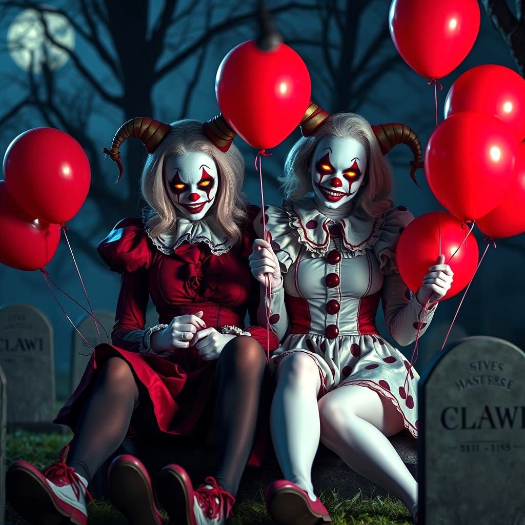 Scary Gyaru Clowns in Graveyard with Balloons
