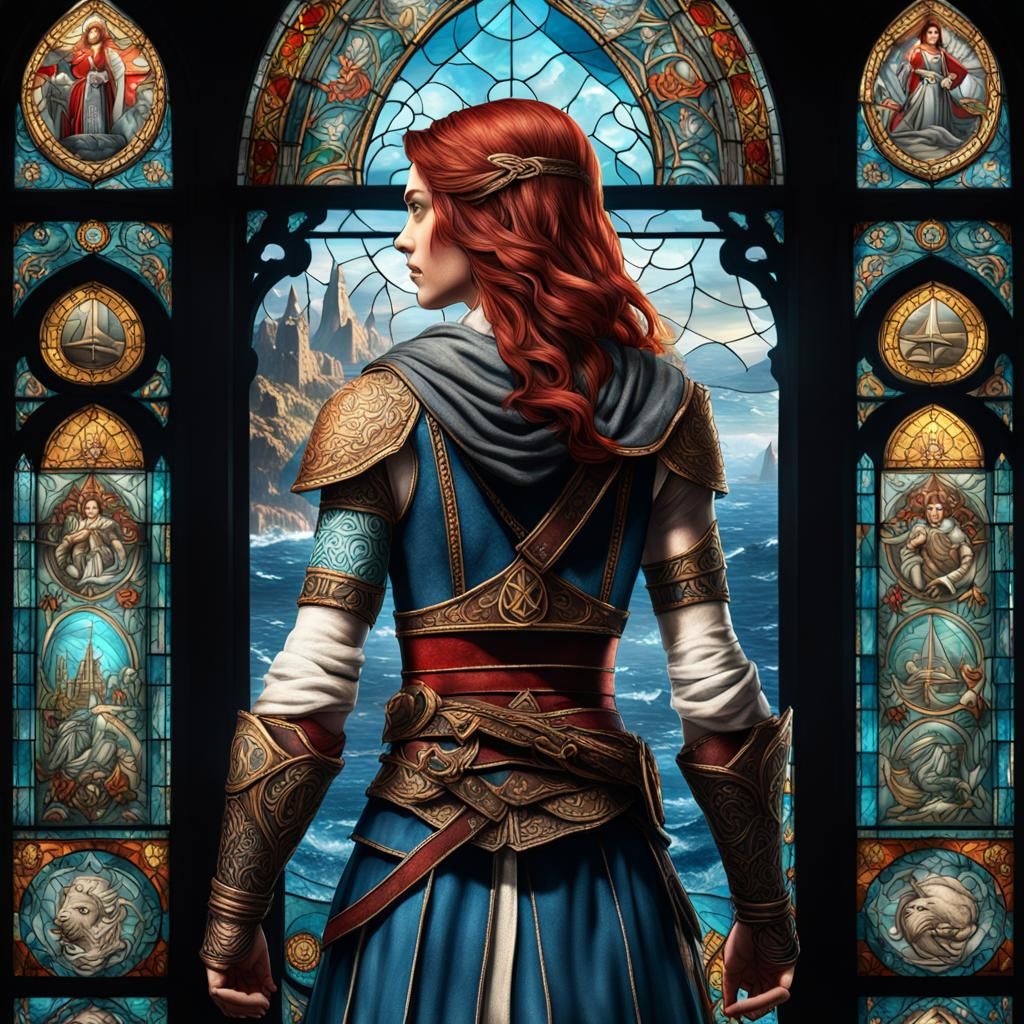 Auburn Haired Woman with Heraldic Tattoos, Stained Glass