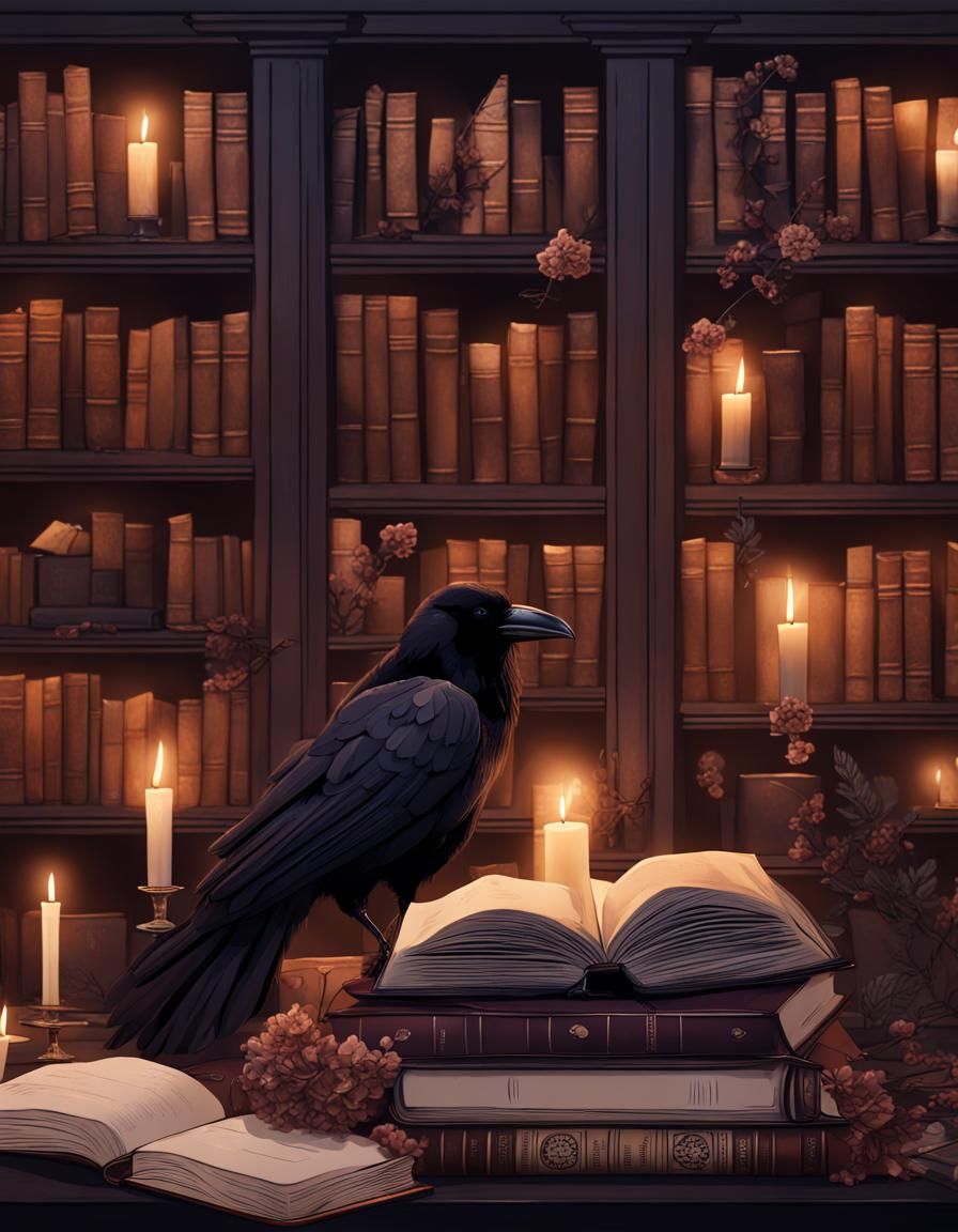 Raven in Library: Dark Academia Still Life