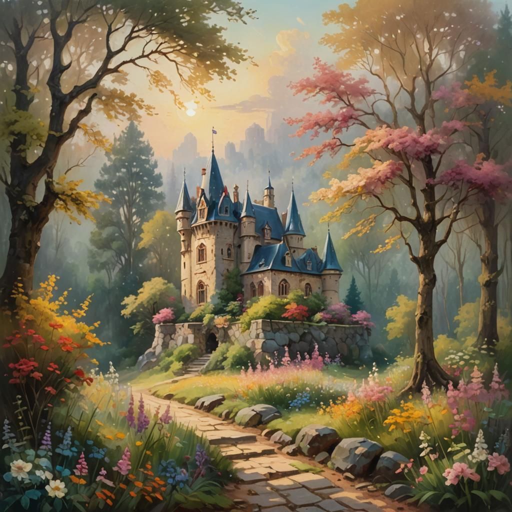 Romantic Forest Castle in Oil Painting Style