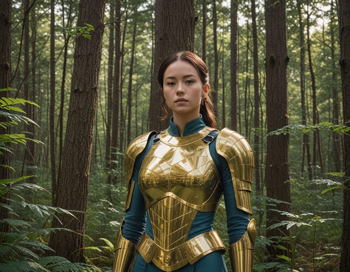 Serene Female Knight in Lush Forest Glade with Golden Armor