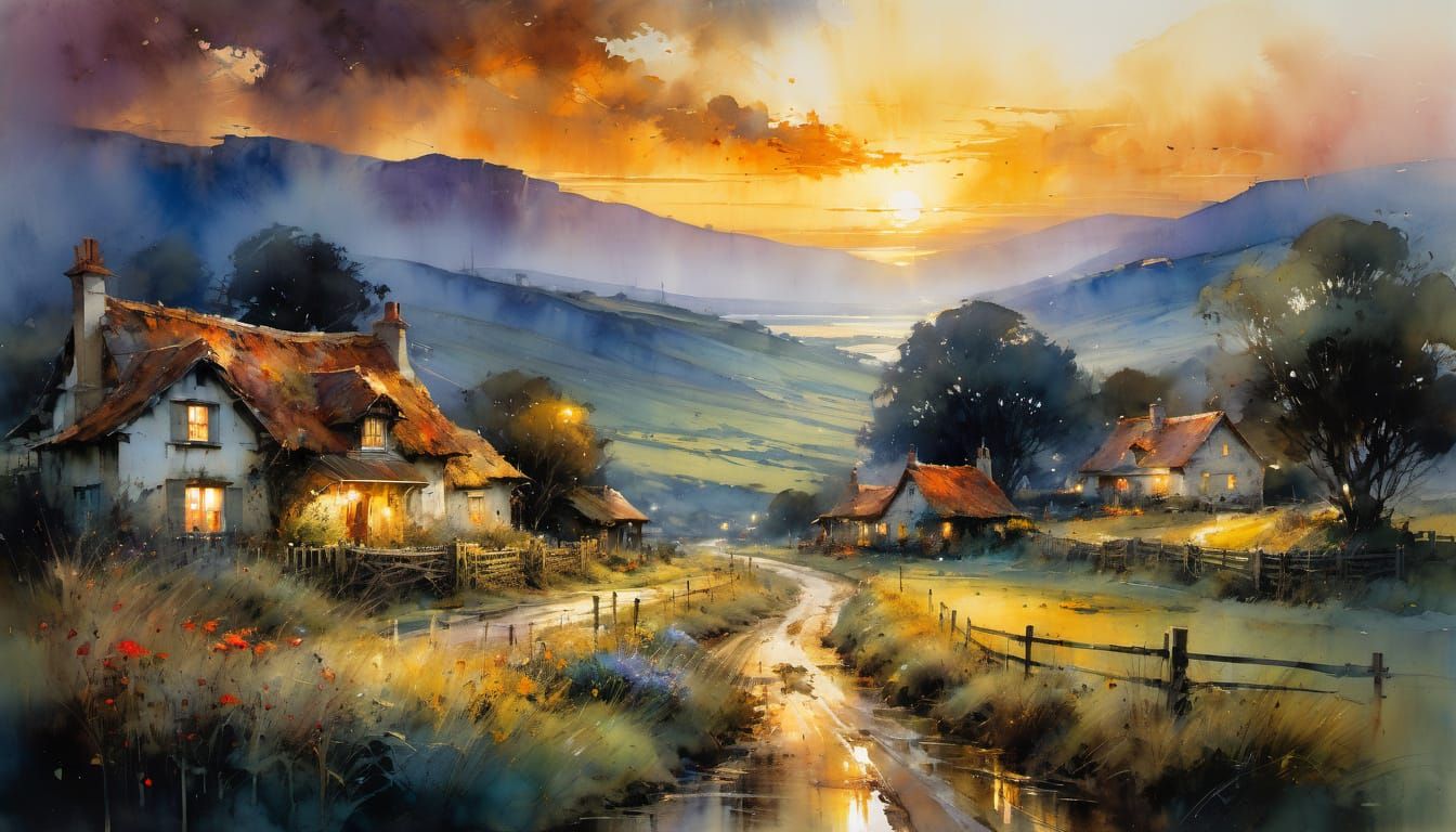 Watercolor Fairytale Country Sunset with Rough Textures