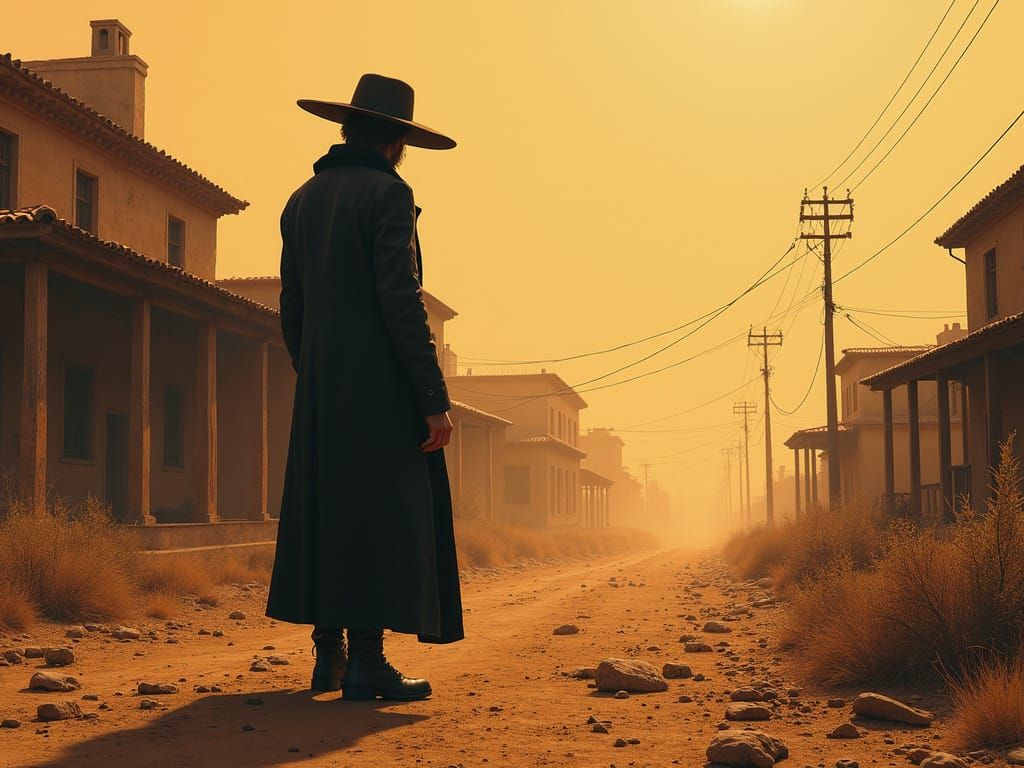 Eerie Figure in Sun-Scorched Town: Concept Art