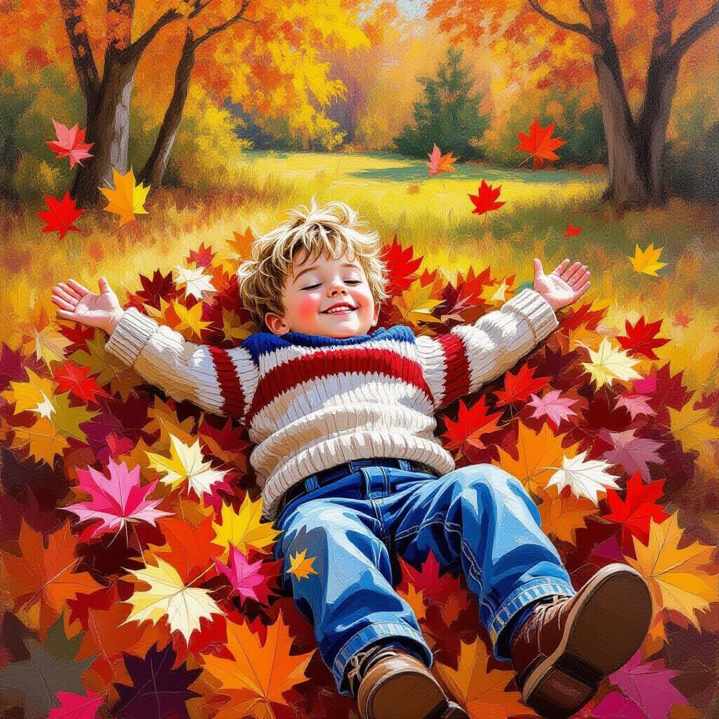 Happy Boy in Autumn Leaves, Impasto Oil Painting