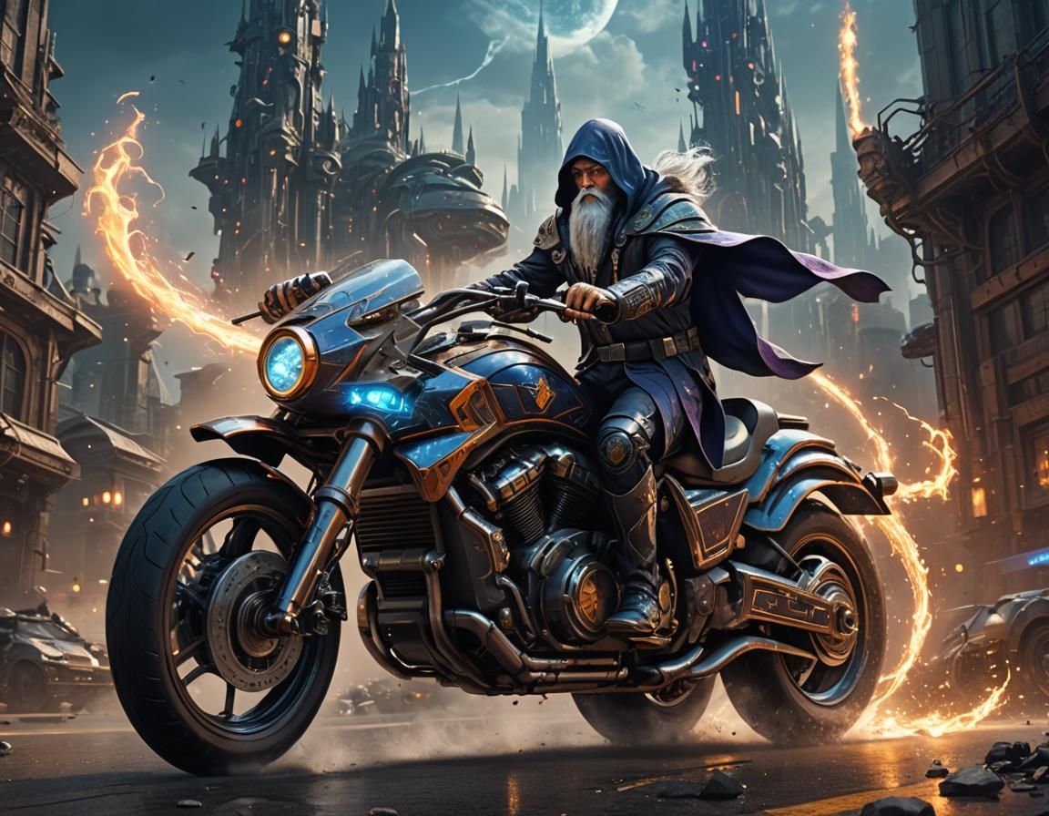 Wizard on a Futuristic Motorcycle in Detailed Matte Painting
