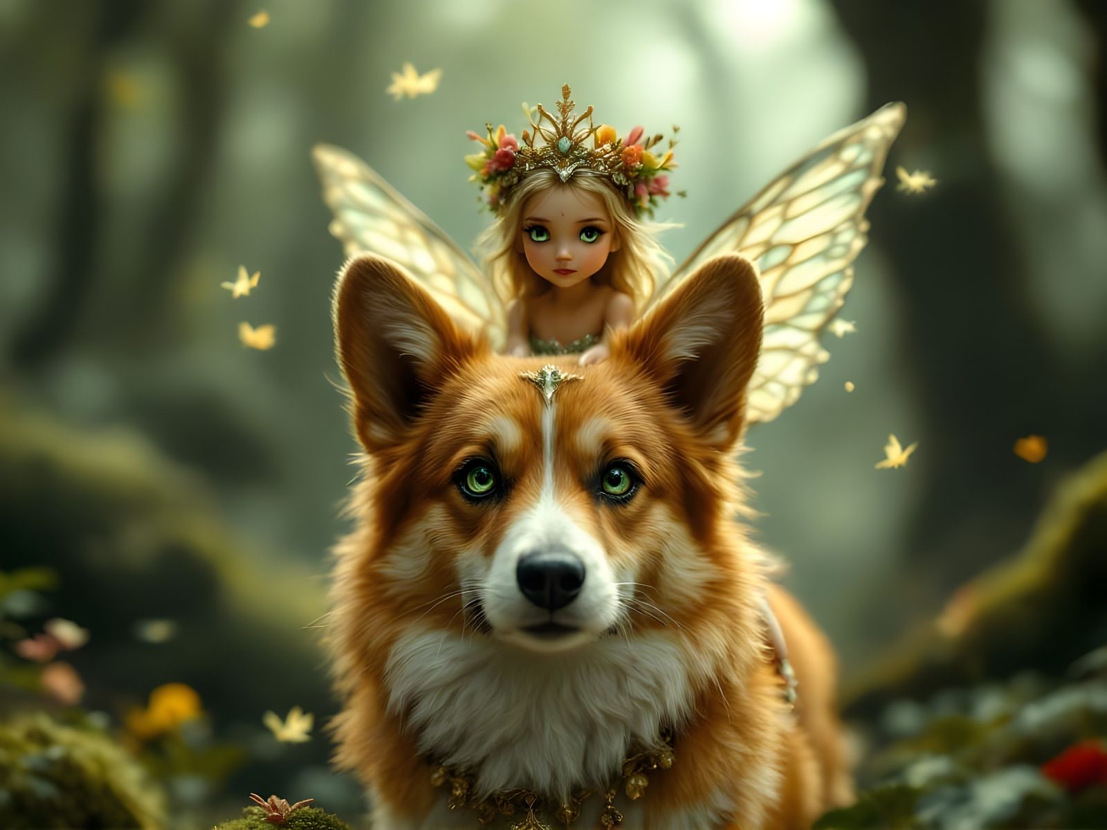 Hyper Realistic Faerie Queen on Corgi Steed in Cinematic Oil...