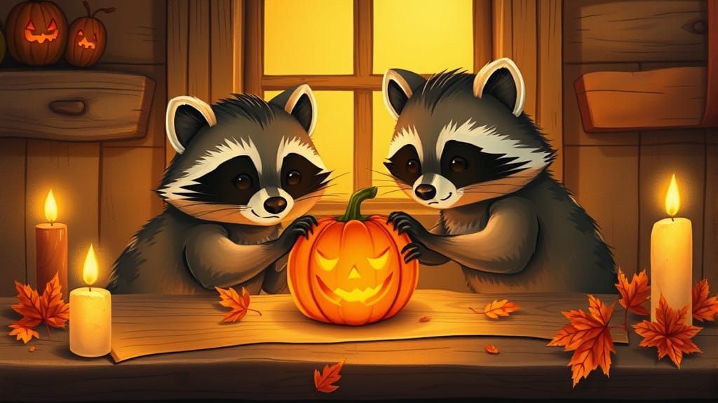 Adorable Raccoons Carve Jack-o'-Lanterns in Cozy Autumn Scen...