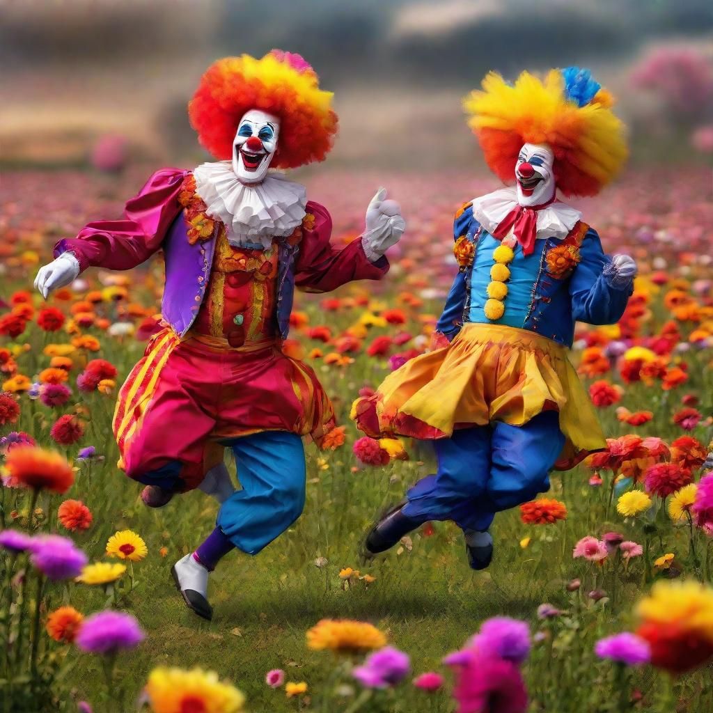 Clowns Dancing in a Vibrant Flower Field