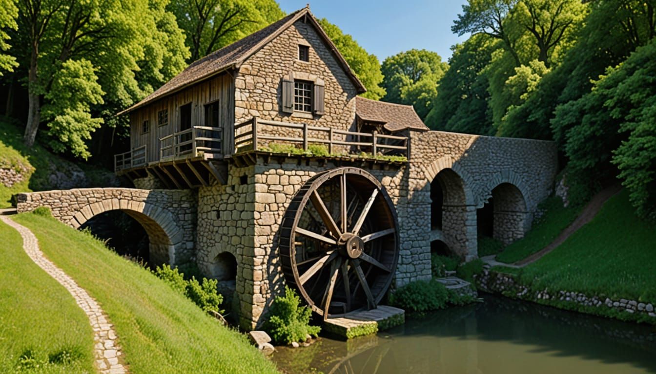 Medieval Waterwheel Under Ancient Stone Bridge