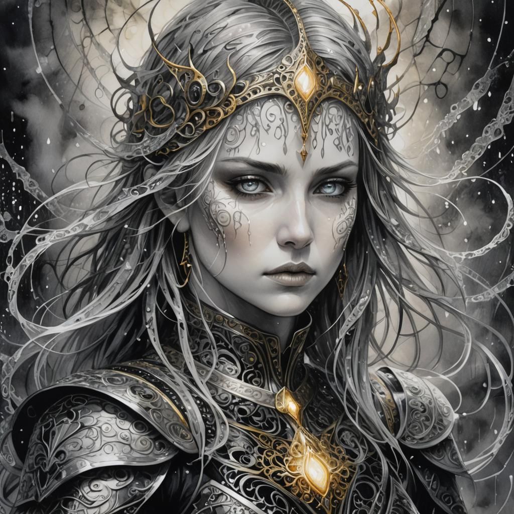 Eldritch Warrior in Surreal Ink Wash Painting