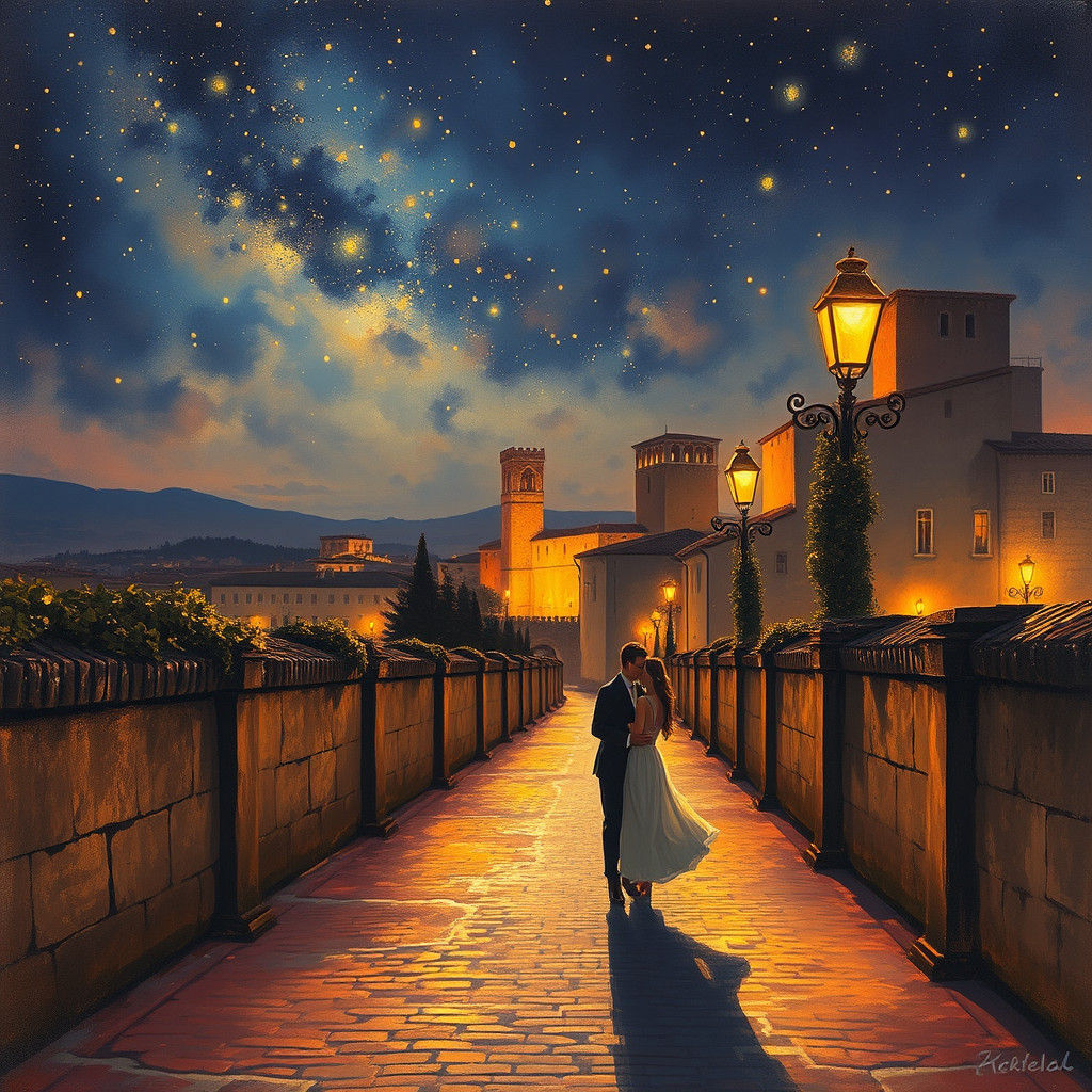 Romantic Stroll in Lucca Under Starry Sky