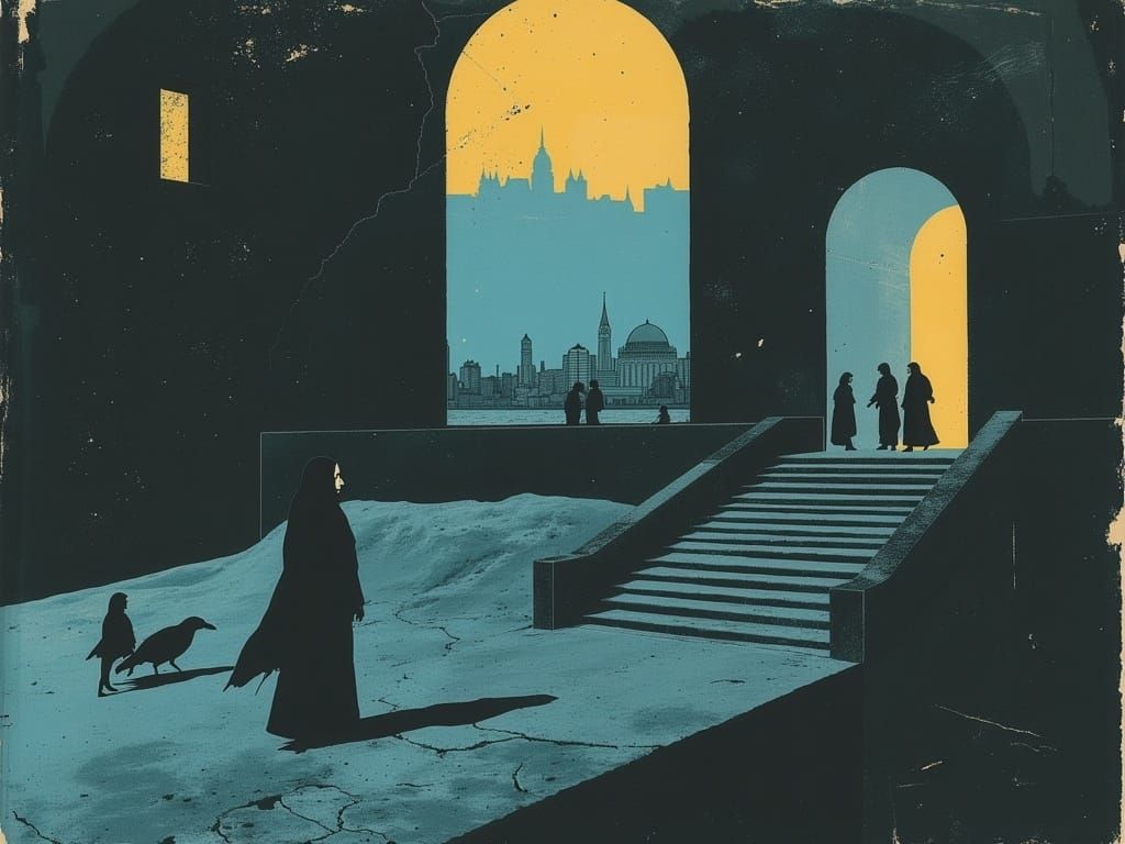 Surreal Cathedral Dancer in Dystopian Cityscape