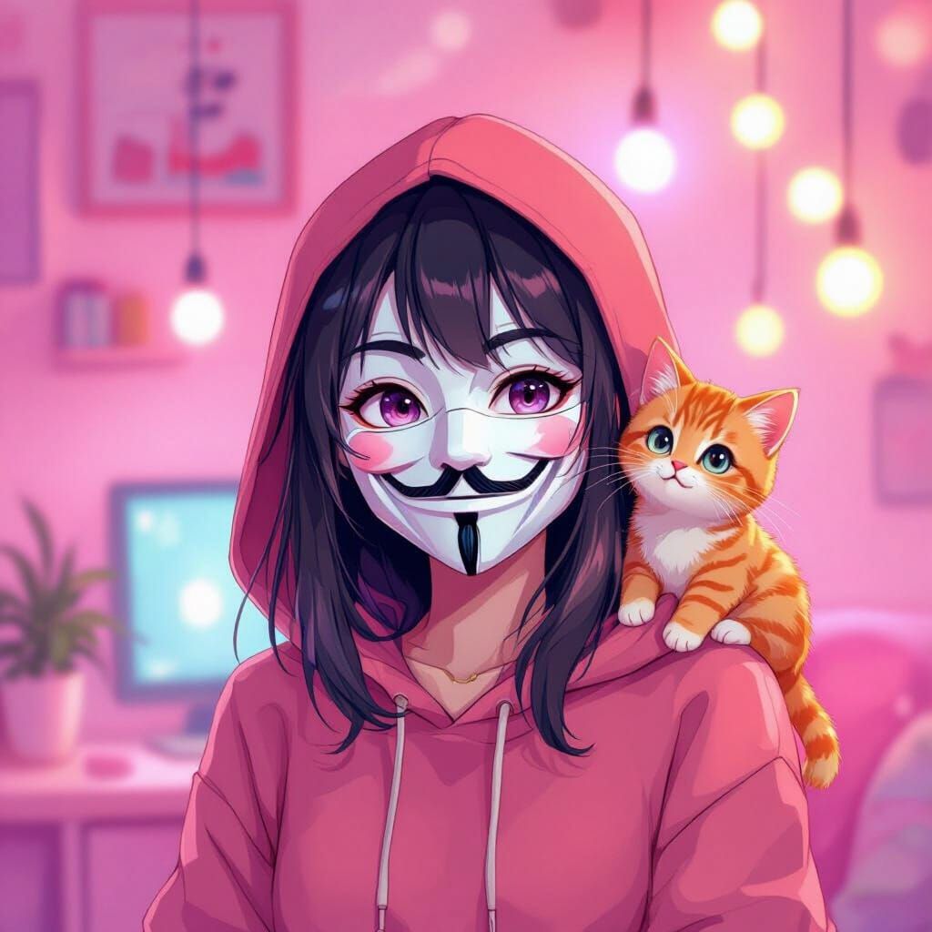 Anime Girl With Kitten in Kawaii Room, Wearing Anonymous Mas...