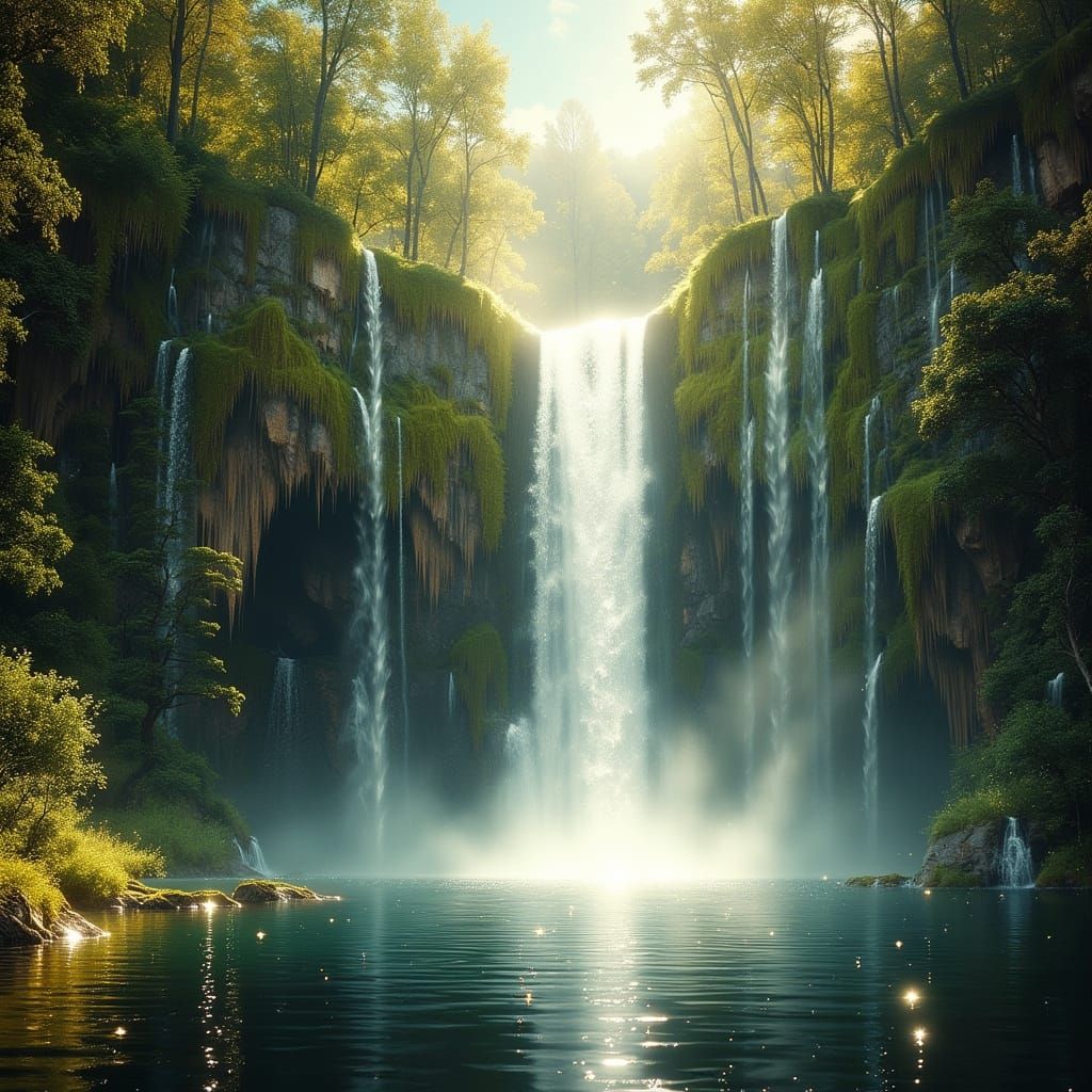 Majestic Waterfall in Sunlight, Romantic Natural Grandeur