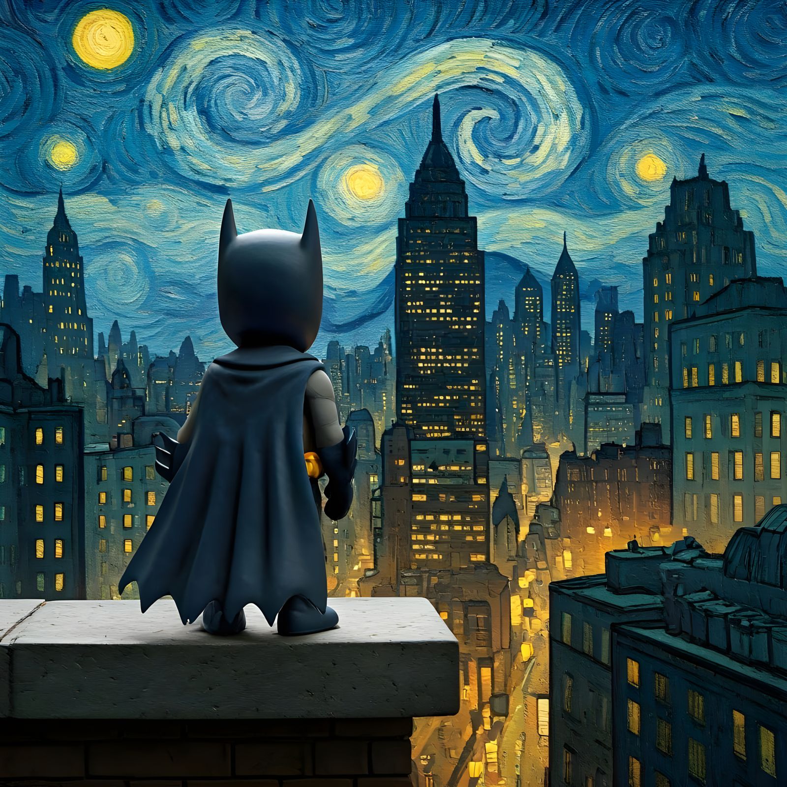 Claymation Batman Over Gotham in Van Gogh Style