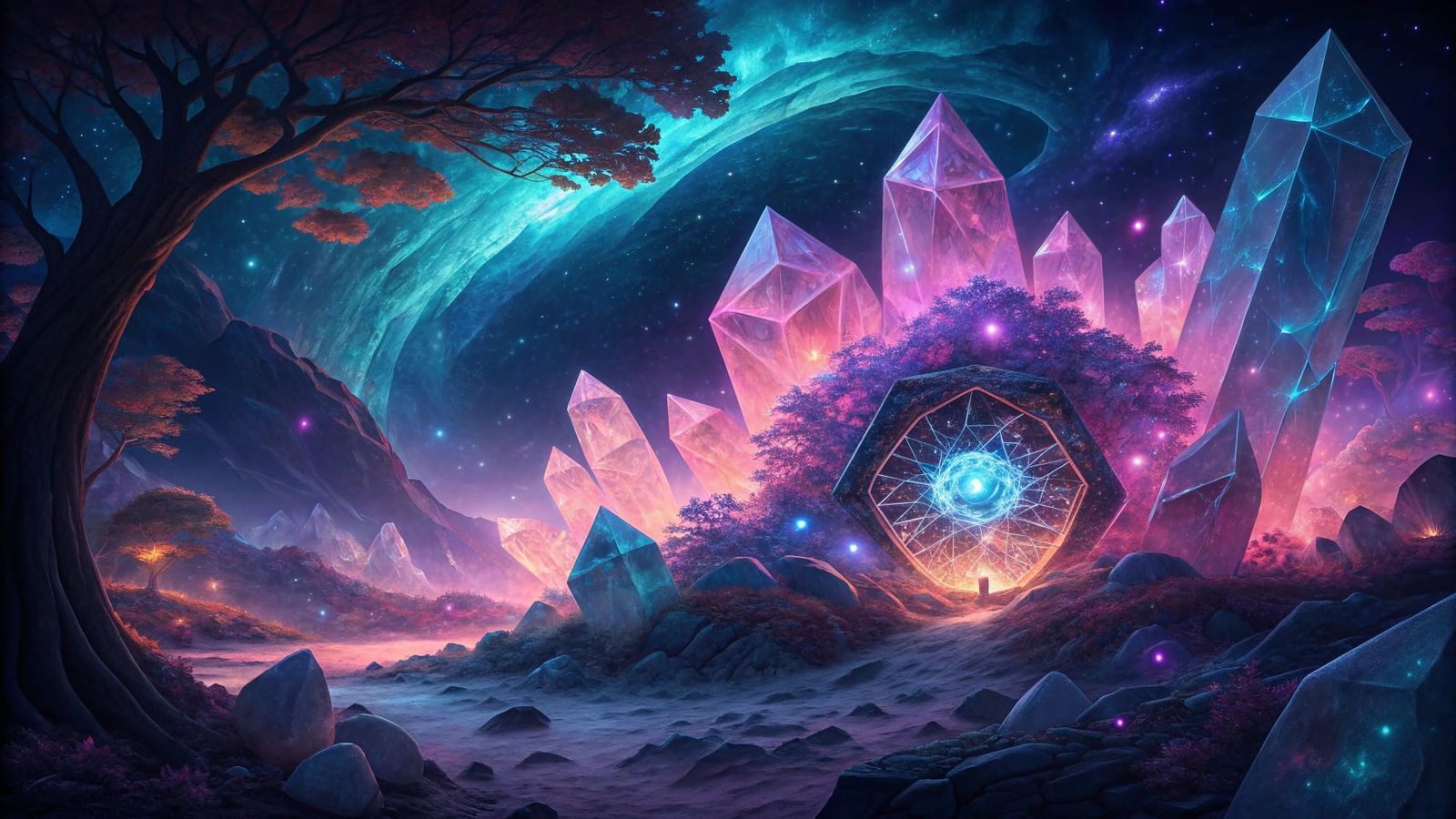 fractal-like shapes, crystals shards, quantum portal, abstra...