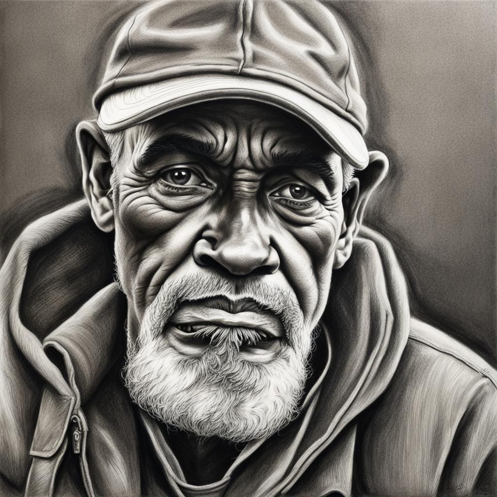 Detailed Charcoal Drawing of Homeless Veteran