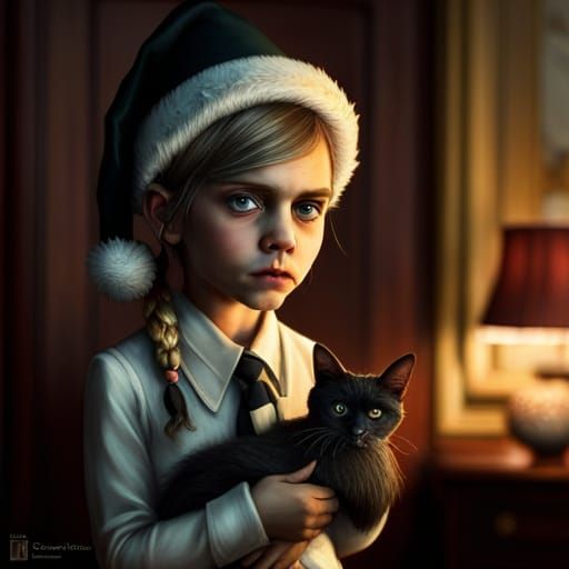 Cute Skeleton Creature with Cat, Digital Art