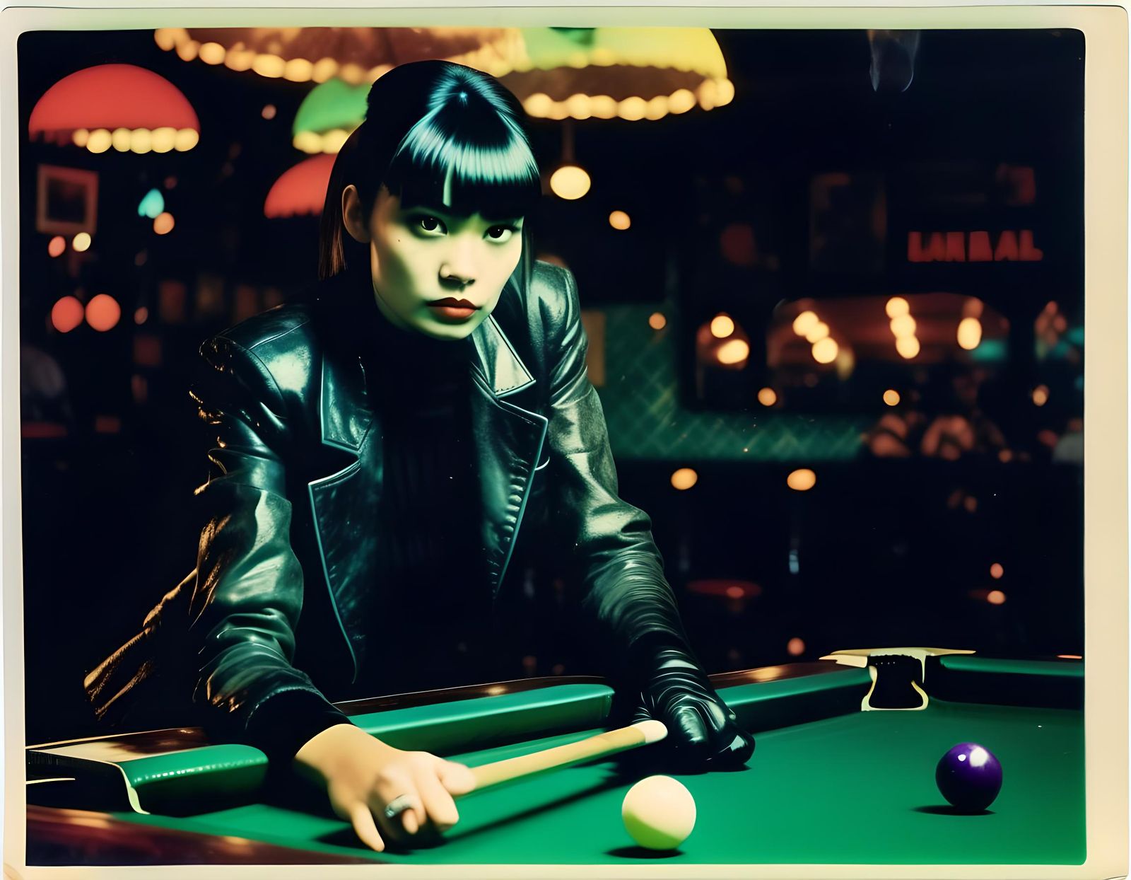 Femme Fatale in Black Leather Playing Pool