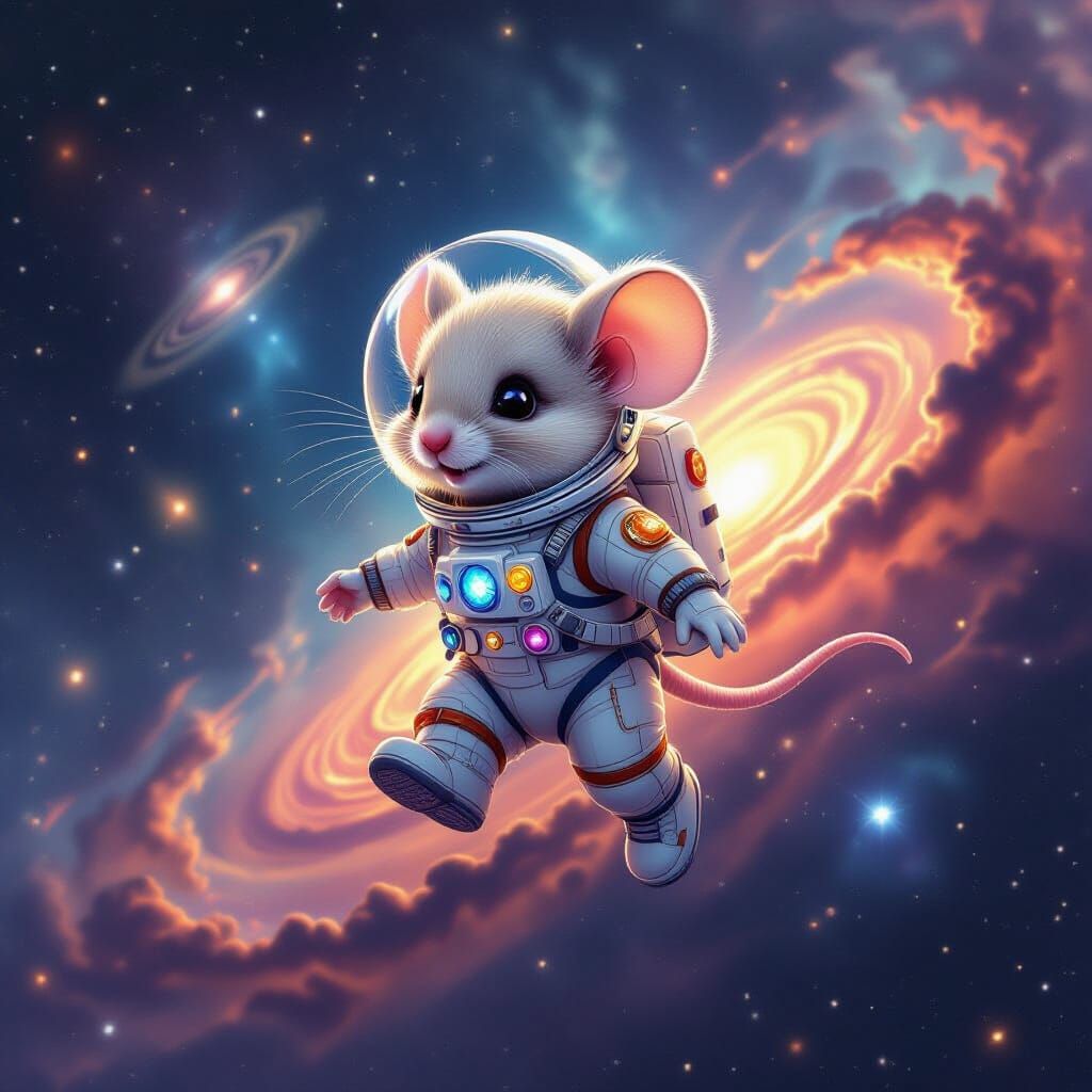 Mouse Cosmonaut Floats Through Radiant Nebula